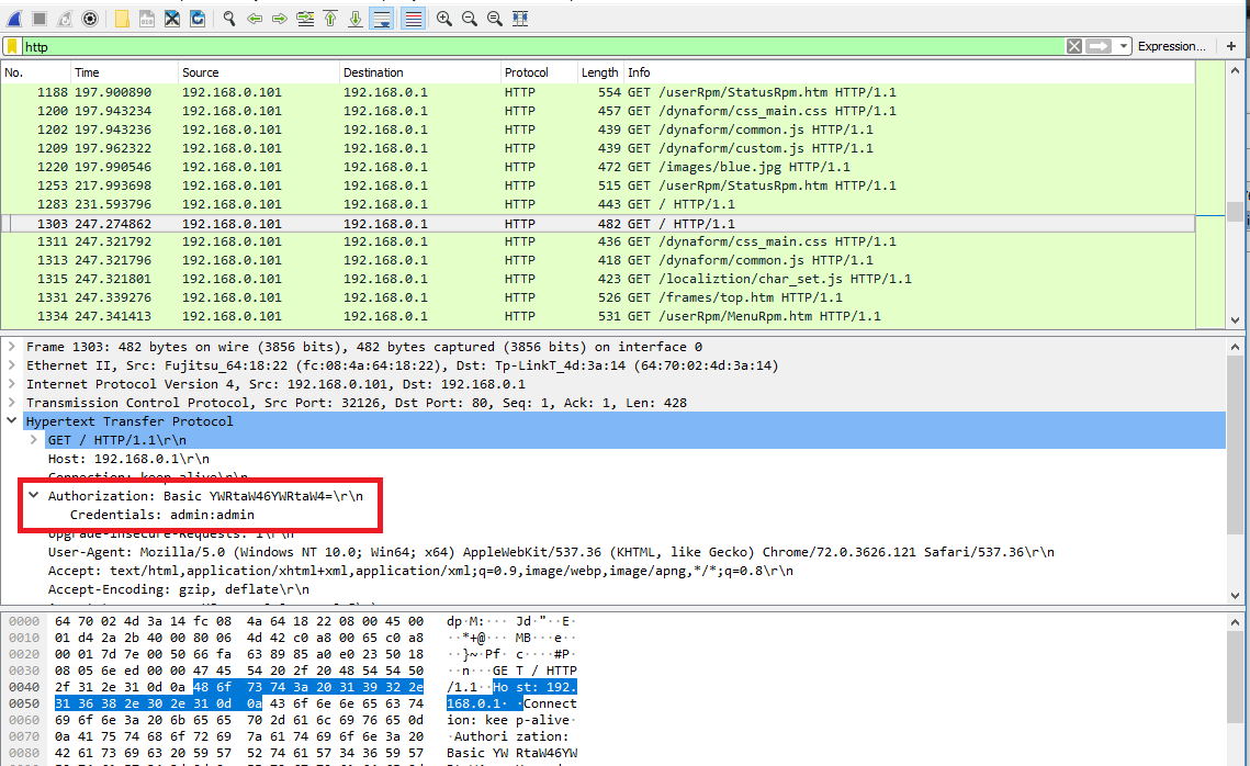 Transmitted data captured with the Wireshark sniffer