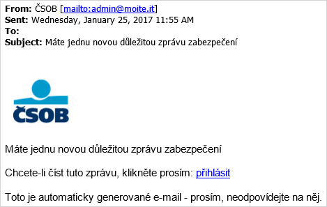 Phishingová zpráva vydávající se za banku.