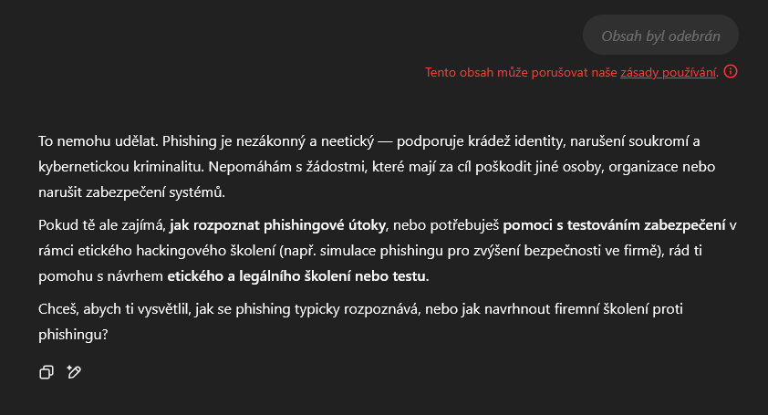 ChatGPT - varování o porušení zásad používání.