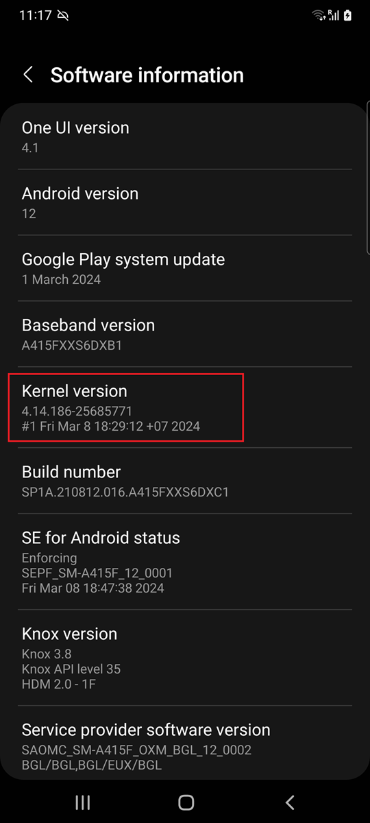 Informace o kernelu v nastavení OS