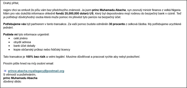 Příklad phishingového útoku, jehož cílem je zneužít důvěřivost oběti prostřednictvím smyšleného příběhu o dědictví.