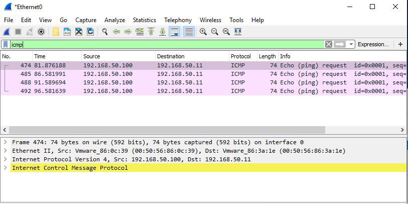 ICMP pakety přicházející ze serveru 192.168.50.100.