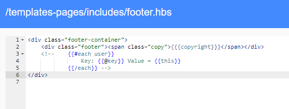 Code of the footer.hbs template after inserting the code for listing attributes of the object user